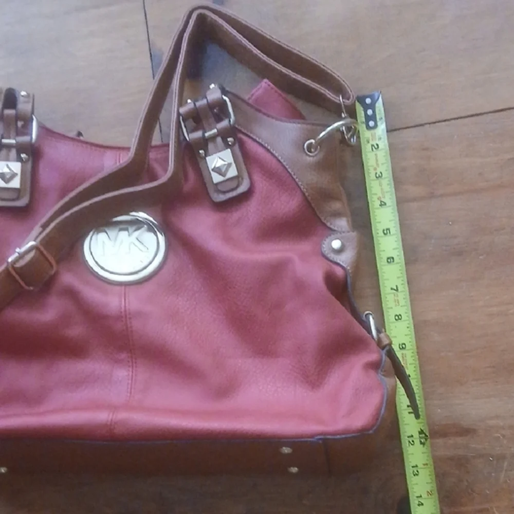Michael Kors Red and Tan Shoulder Bag with Metallic Accents Double Handles